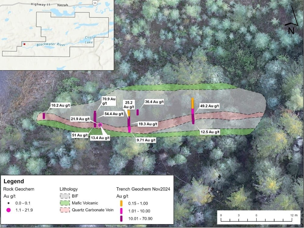 Trench geochemistry map of the Pichette Project showing gold assay values