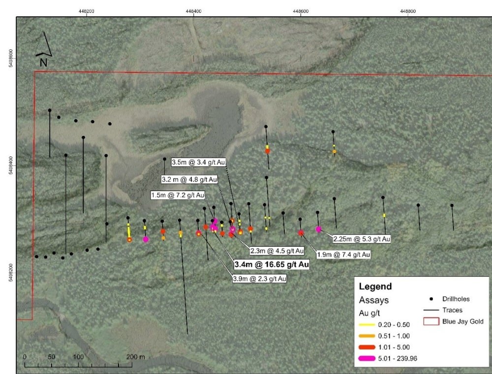 Drill hole plan map of the Pichette Project with gold assay intervals