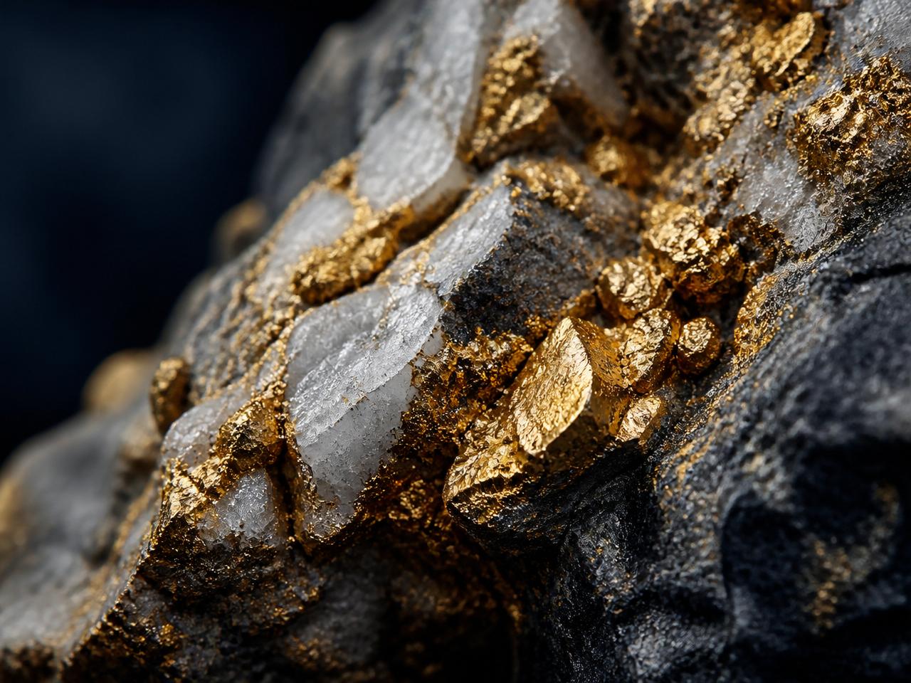 High-grade gold ore showing visible gold in white quartz
