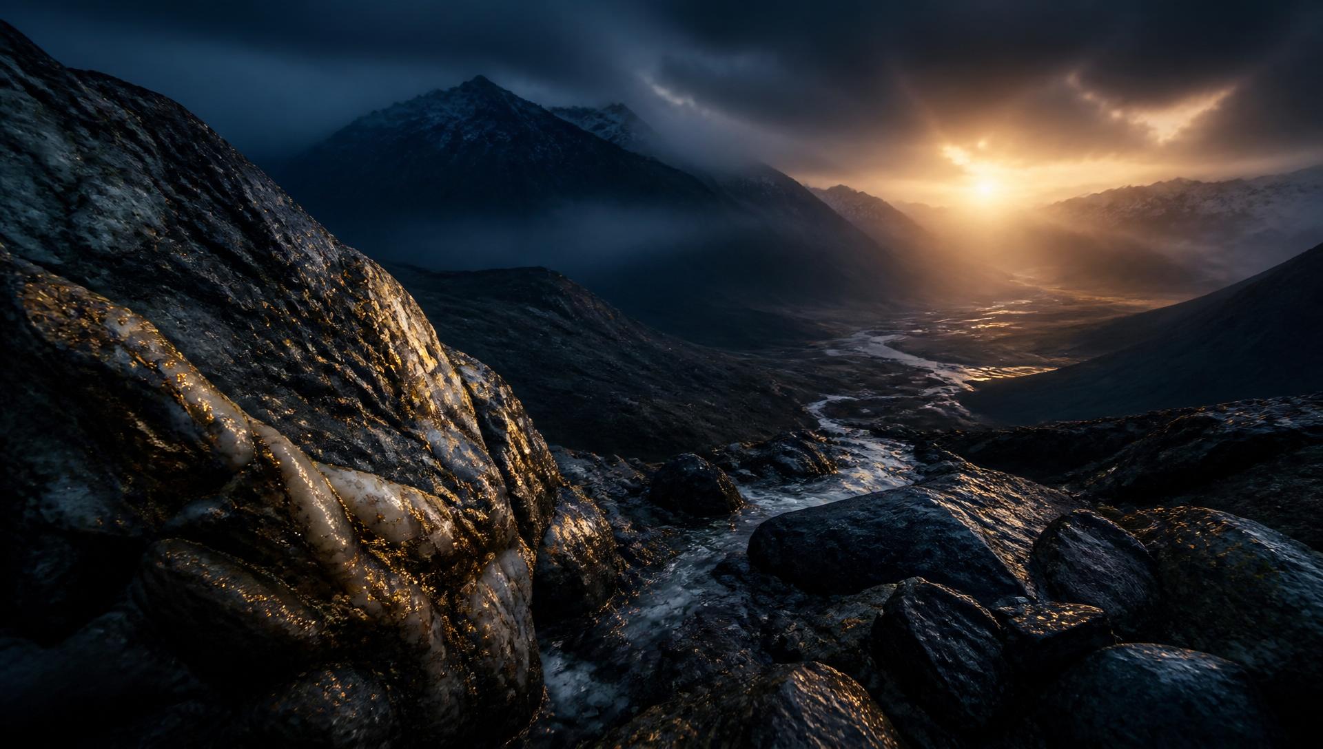 Rugged Yukon gold-mining mountains catching golden dawn light